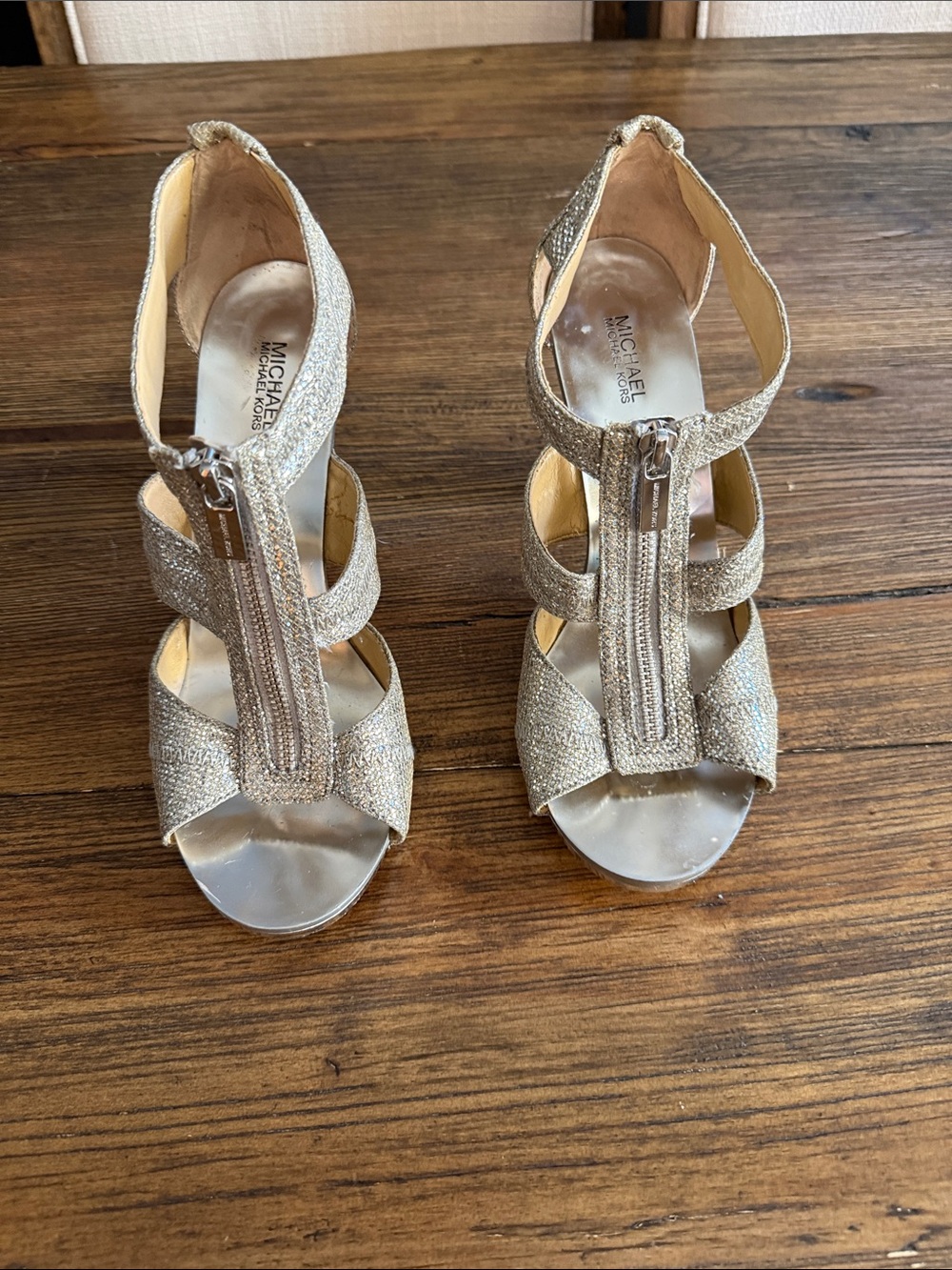 Michael Kors Silver Glitter Front-Zip T-Strap Heels